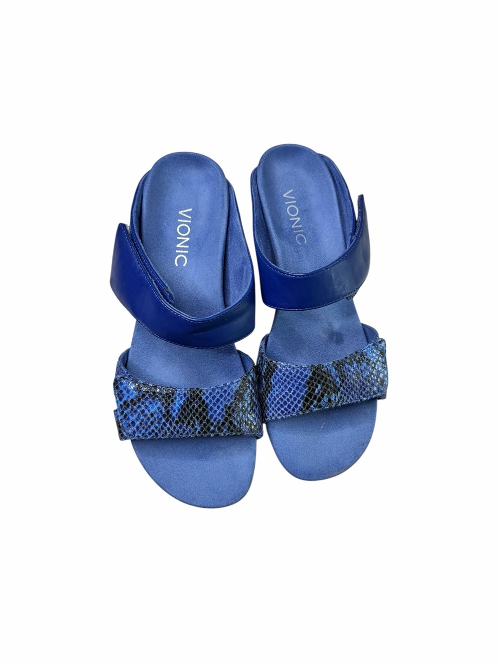 Vionic Chrissy Blue Slip-On Sandals with Snake-Print Strap, EUC, 7.5